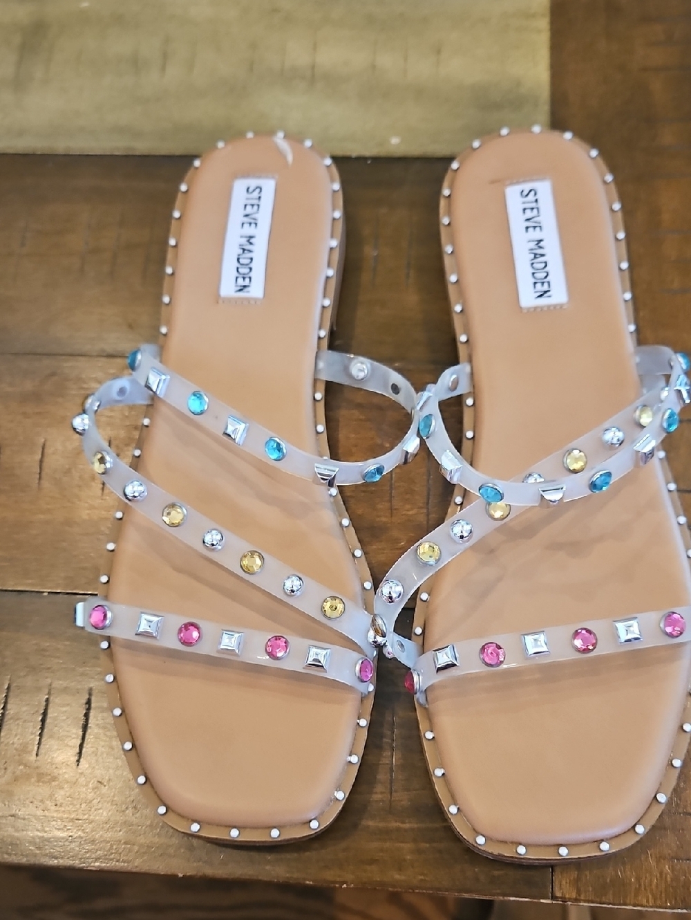 Like New Steve Madden Nude Slide Sandals with Multicolored Gem Accents